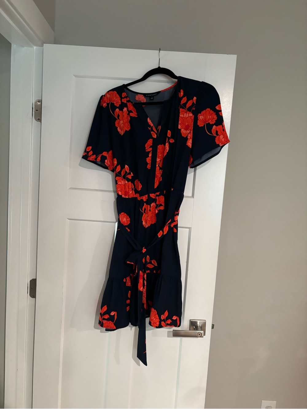 Navy Mini Dress with Red Floral Print and Tie Waist - Size Large